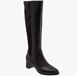 Trotters Kirby Black Croco Leather Stretch 17” Tall Boot 9 Narrow